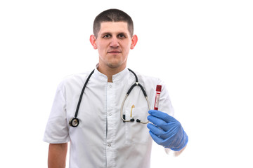 Laboratory technician holding test tube with blood sample isolated on white background.