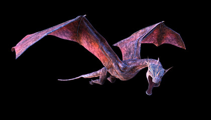 flying dragon, colorful winged creature isolated on black background 