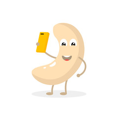 Funny cartoon character from cashew nut who takes a selfie.