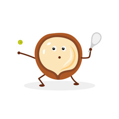 Funny cartoon character from the macadamia nut, which is playing tennis.