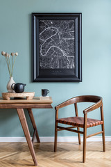 Stylish and design dining room interior with black mock up poster map, wooden table, chair, teapot...