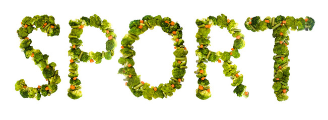 Sport. Healthy lifestyle and nutrition. English alphabet. Text from the products. Broccoli, asparagus, carrots. Designer font. Vegetable Font.