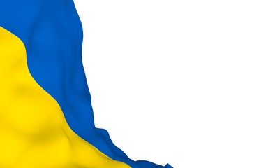 The flag of Ukraine on a white background. National flag and state ensign. Blue and yellow bicolour. 3D illustration waving flag