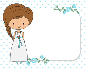 My first communion child card. Girl with blank frame