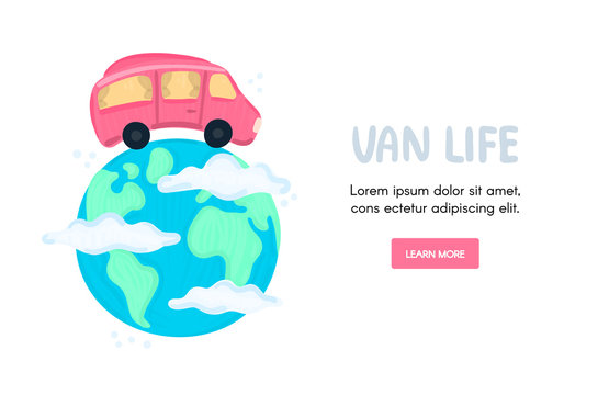 Van life concept. Campervan circling planet. Traveling across world. Earth in clouds. Red camper in movement. Lifestyle. Design for landing page, banner, brochure, cover. Vector, eps10