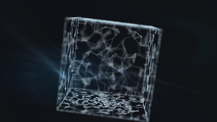 Financial cube hologram of luminous network connections.