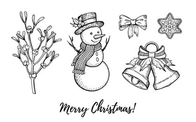 Christmas hand drawn doodle icon set. Merry Xmas, Happy New year symbol, retro sketch style. Cute mistletoe, snowman, jingle bell, gingerbread cookie. Vector illustration isolated on white background