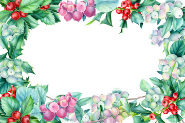 Frame on an isolated white background. Watercolor illustration. Christmas  greeting card with place for text, invitation.