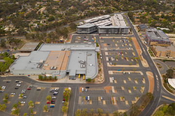 Aerial view of the suburb of Macquarie showing Jamison Centre and surrounding residential apartments on a cloudy morning in Canberra, the capital of Australia      