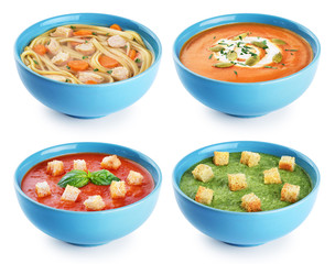 Soups collection isolated on a white background. Pumpkin, chicken, tomato, gazpacho, green pea, broccoli, kale and spinach.