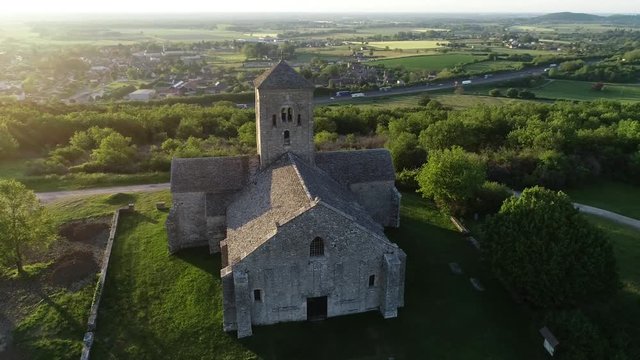 Aerial view of the church of Saint Martin de Laives in Chalon sur Sa&ocirc;ne, France, Burgundy. It is known as the light of South Burgundy. Beautiful weather, sunny sunrise in summer. 