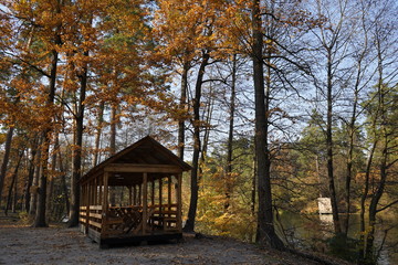 Wooden arbor in the autumn forest near the lake.