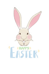 Easter card template with rabbit and lettering. Cute greetings in pastel colors on white background