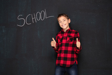 Teenage boy in checkered shirt over black chalk board.
