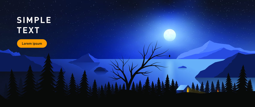 Night landscape with a full moon, sea, mountains in a simple flat style.