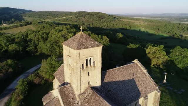 Aerial view of the church of Saint Martin de Laives in Chalon sur Sa&ocirc;ne, France, Burgundy. It is known as the light of South Burgundy. Beautiful weather, sunny sunrise in summer. 
