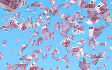 Flying euro banknotes against the sky background. Money is flying in the air. 500 EURO in color. 3D illustration