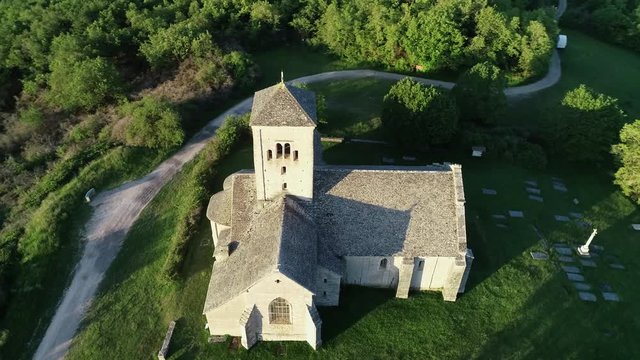 Aerial view of the church of Saint Martin de Laives in Chalon sur Sa&ocirc;ne, France, Burgundy. It is known as the light of South Burgundy. Beautiful weather, sunny sunrise in summer. 