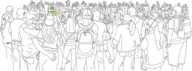 Hand drawn illustration. A crowd of people gather in a circle to see a street performer.