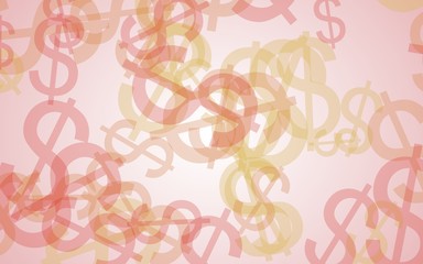 Multicolored translucent dollar signs on white background. Red tones. 3D illustration