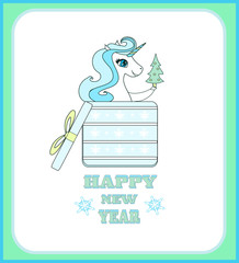 illustration of unicorn with christmas present.