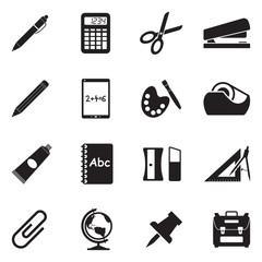 School Accessories Icons. Black Flat Design. Vector Illustration.