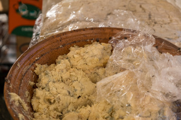 Traditional Sardinian cheese with worms. Banned and illegal cheese with flies and worms inside.