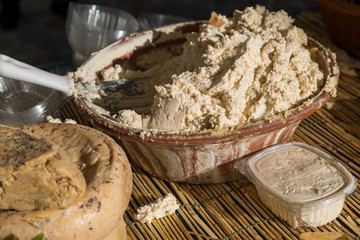 Traditional Sardinian cheese with worms. Banned and illegal cheese with flies and worms inside.