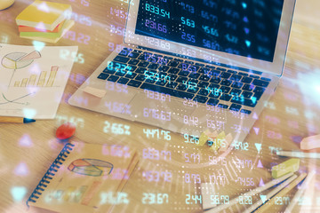 Multi exposure of forex chart and work space with computer. Concept of international online trading.