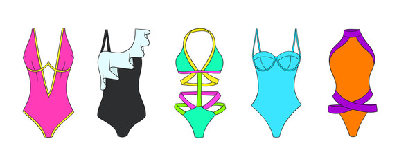 Swimming suits set. Doodle bikini. One piece swimsuits collection. Ladies clothes for summer vacation. Bikini sketch. Swimwear fashion.