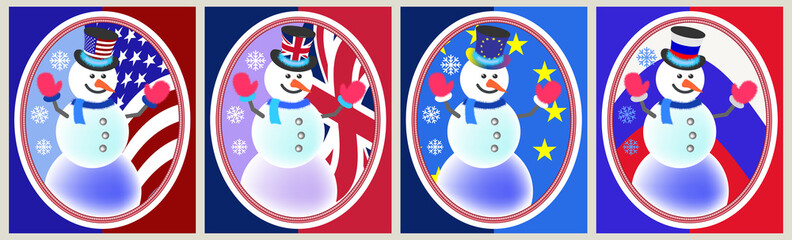 Snowman stickers and flags of the USA, Great Britain, the European Union and Russia