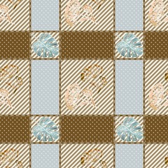 Seamless geometric pattern. A polka dot and striped cage and rectangles decorated with leaves and leaves. Tablecloth.