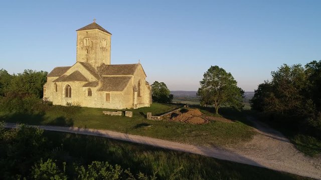 Aerial view of the church of Saint Martin de Laives in Chalon sur Sa&ocirc;ne, France, Burgundy. It is known as the light of South Burgundy. Beautiful weather, sunny sunrise in summer. 