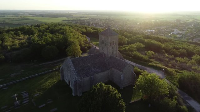 Aerial view of the church of Saint Martin de Laives in Chalon sur Sa&ocirc;ne, France, Burgundy. It is known as the light of South Burgundy. Beautiful weather, sunny sunrise in summer. 