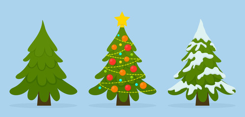 Fototapeta premium Vector set of Christmas trees in different situations. Colorful balls, garland lights, snow.