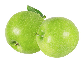 Fresh green apples with leaf isolated on white background with clipping path