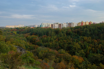 Fototapeta na wymiar View of Bohnice valley with prefabs in the background 
