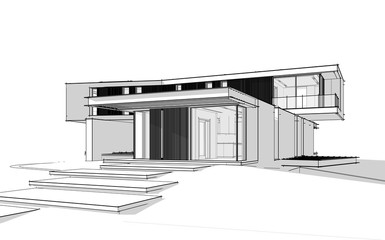 3d rendering of modern house on the hill with pool black line on white background