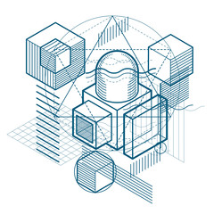 Isometric linear abstract vector background, lined abstraction. Cubes, hexagons, squares, rectangles and different abstract elements.