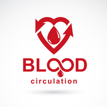 Vector red heart with blood circulation inscription with direction arrows. Blood transfusion metaphor, medical care emblem for use in pharmacy.