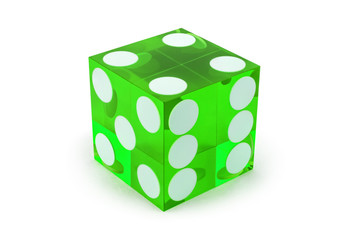 Close-up green poker dice isolated on a white background / result as four on top with a light shadow