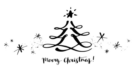 Holiday banner with Merry Christmas lettering and tree with star. Black and white calligraphic illustration