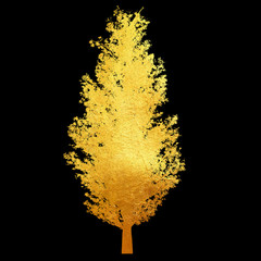 Golden tree with leaves isolated on black background.