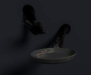 Black chef hands holding pan isolated on black, abstract illustration of cooking and seasoning process, fry something promo banner concept.  3d rendering