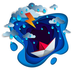 Origami paper ship toy swimming in thunderstorm with lightning, dramatic vector illustration of stormy rainy weather over ocean with toy boat struggles to survive.