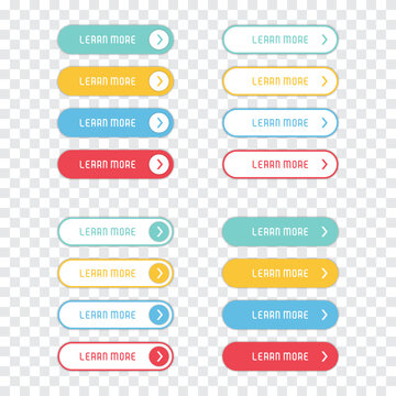 Learn more buttons set on a transparent background. Learn more buttons in a flat design. Collection of learn more buttons