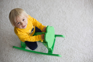Fototapeta premium Little cute toddler boy, playing with rocking frog swing at home