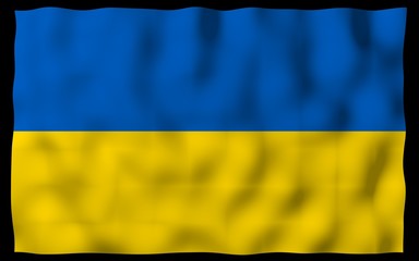 The flag of Ukraine on a dark background. National flag and state ensign. Blue and yellow bicolour. 3D illustration waving flag