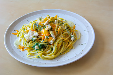 Spaghetti with Spinach Sauce and Chicken 