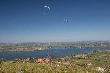 Paragliders above south moravia, Pálava, czech republic